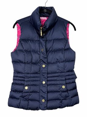 Lilly Pulitzer Women's Isabelle Puffer Vest Navy Down Filled Floral Lined Small
